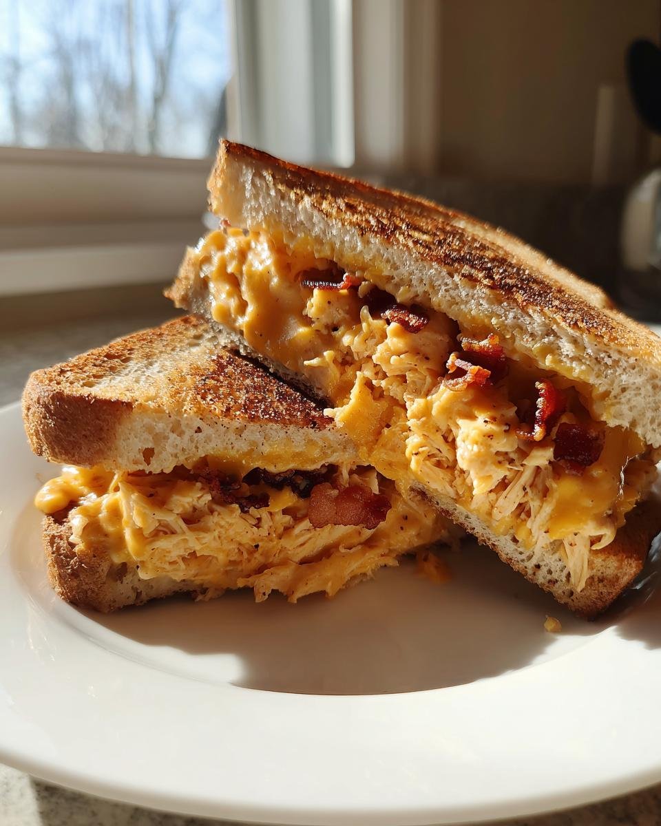Close-up of a toasted sandwich, the Cheddar Bacon Ranch Chicken Melt, cut in half showing melted cheese, shredded chicken, and bacon.