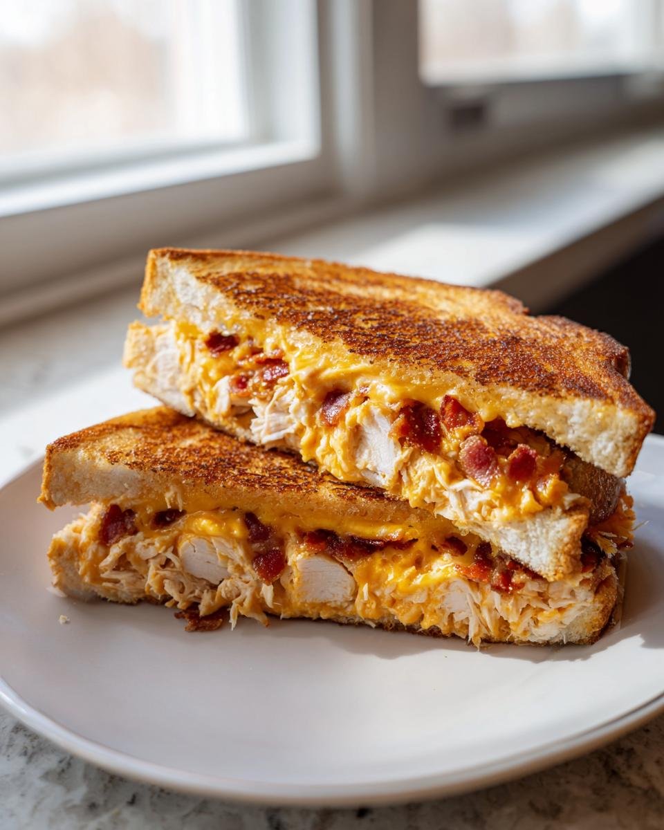 Two halves of a toasted Cheddar Bacon Ranch Chicken Melt stacked on a white plate, showing melted cheese, chicken, and bacon.