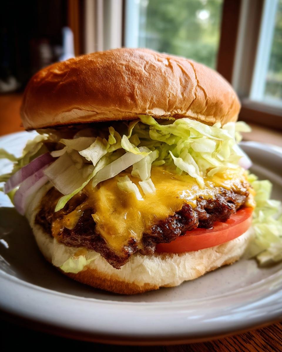 A delicious cheeseburger on a bun with melted cheese, lettuce, tomato, and onion, ready to be deconstructed for Burger Bowls.