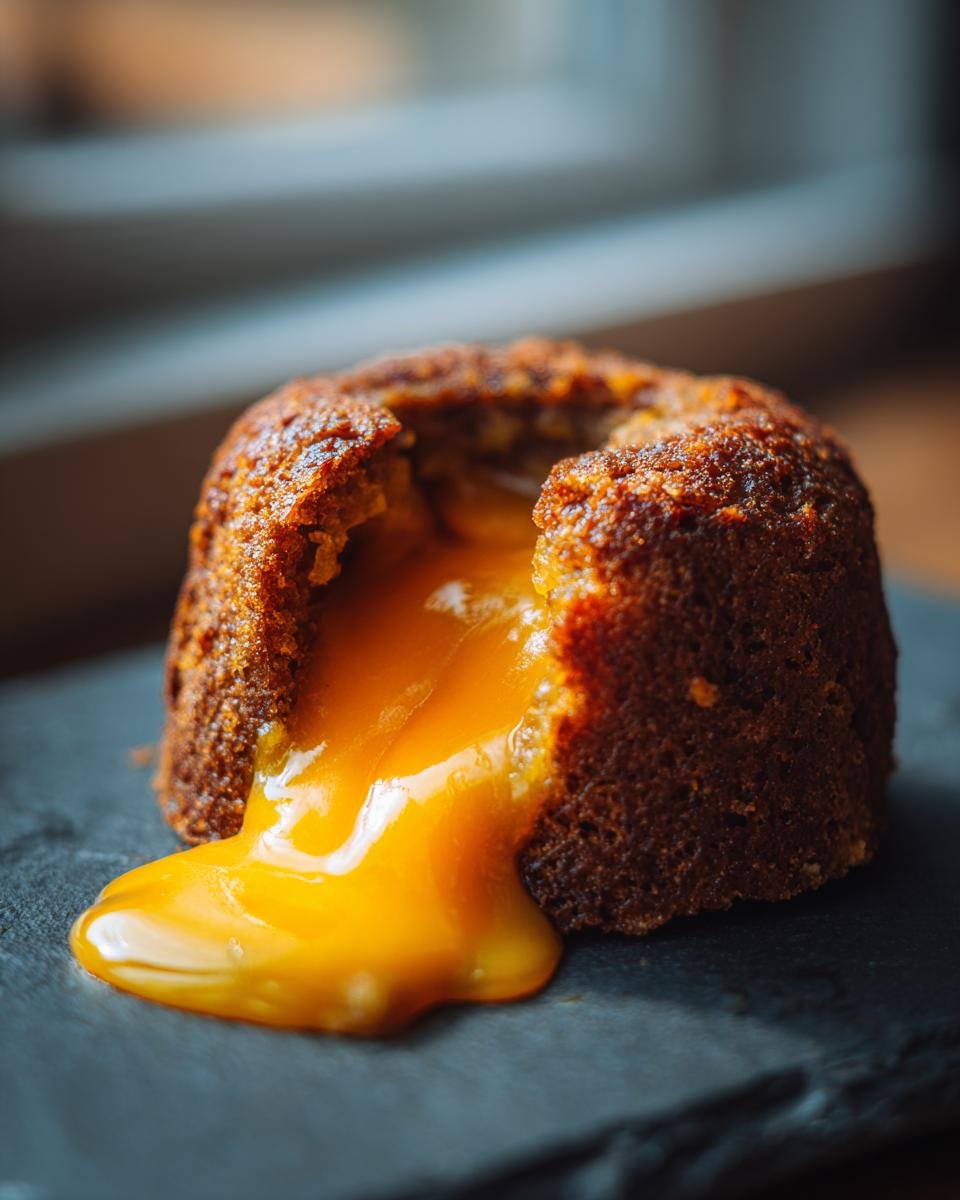 Close-up of a baked item split open, revealing bright orange molten cheese flowing out, representing Cheeseburger Lava Cakes Molten Cheese.