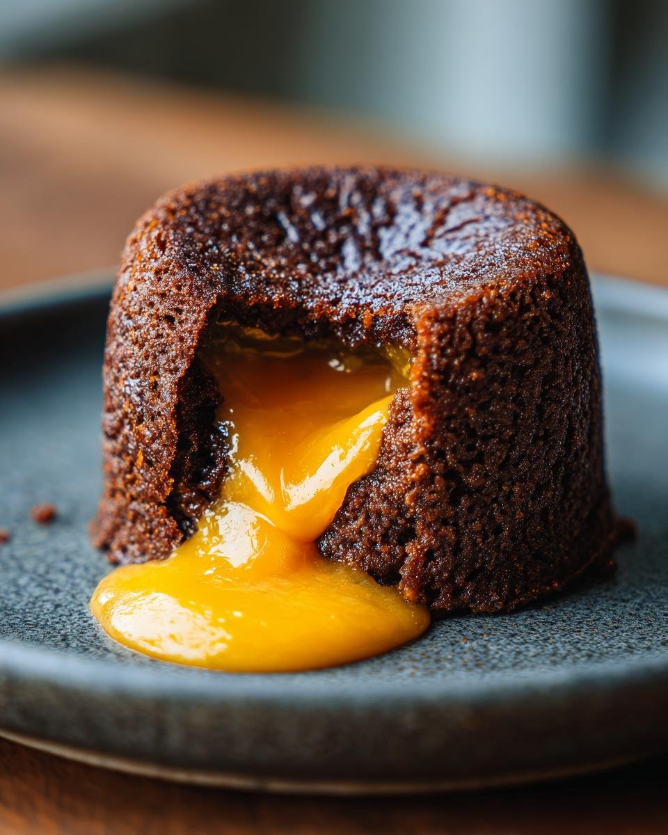 Close-up of a baked cake with molten orange-yellow filling oozing out, resembling Cheeseburger Lava Cakes Molten Cheese.