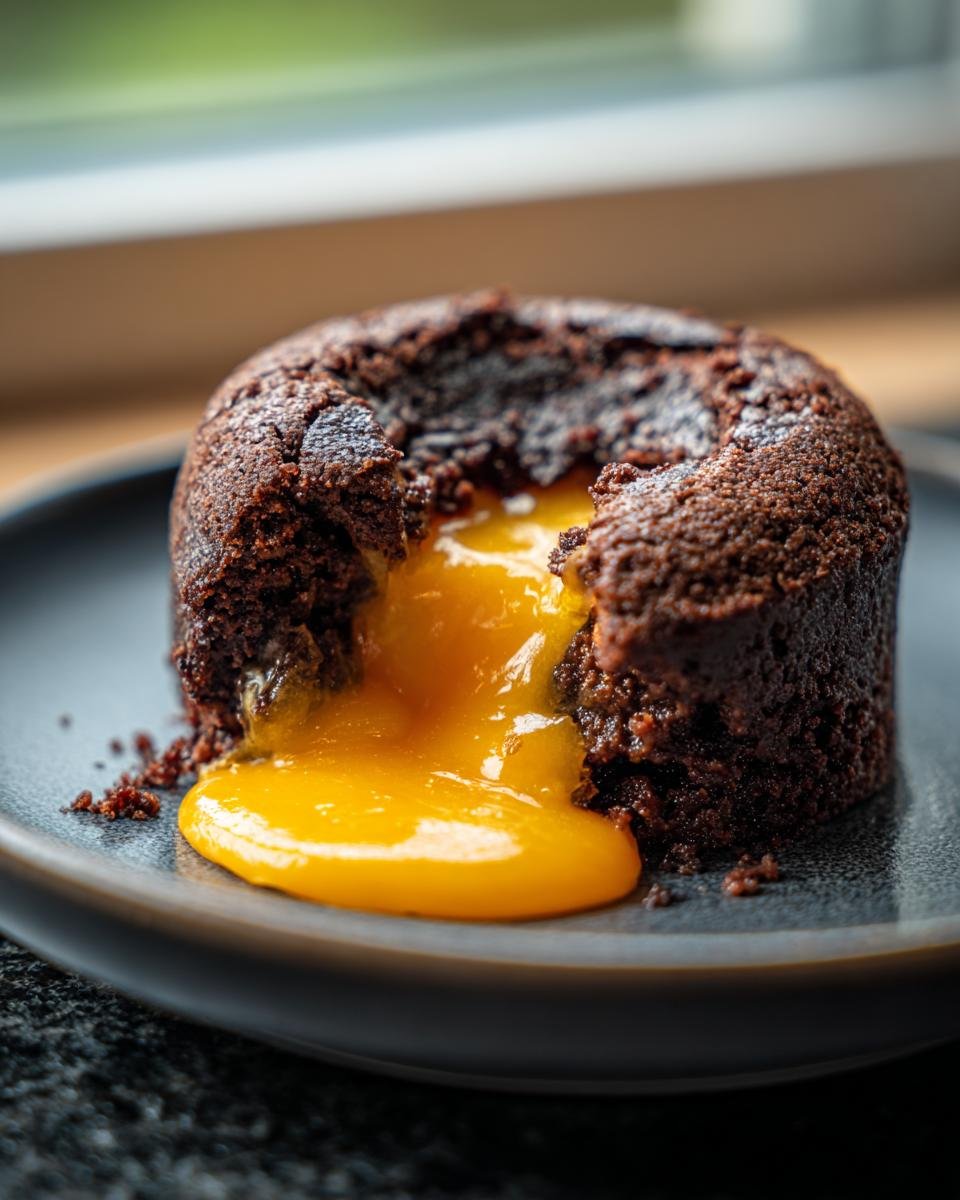 Close-up of a chocolate cake with bright yellow molten cheese filling oozing out, resembling Cheeseburger Lava Cakes Molten Cheese.