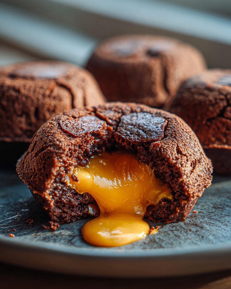 Close-up of a chocolate cake broken open revealing molten cheese filling, representing Cheeseburger Lava Cakes Molten Cheese.