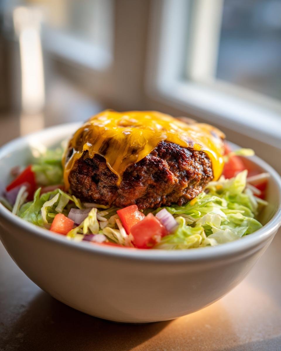 A single cheeseburger patty topped with melted cheddar sits atop shredded lettuce and diced tomatoes in a white bowl, perfect for Burger Bowls.
