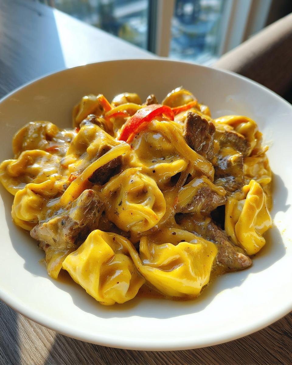 A close-up of tortellini pasta coated in a creamy Cheesesteak Tortellini Provolone Sauce with slices of steak and peppers.