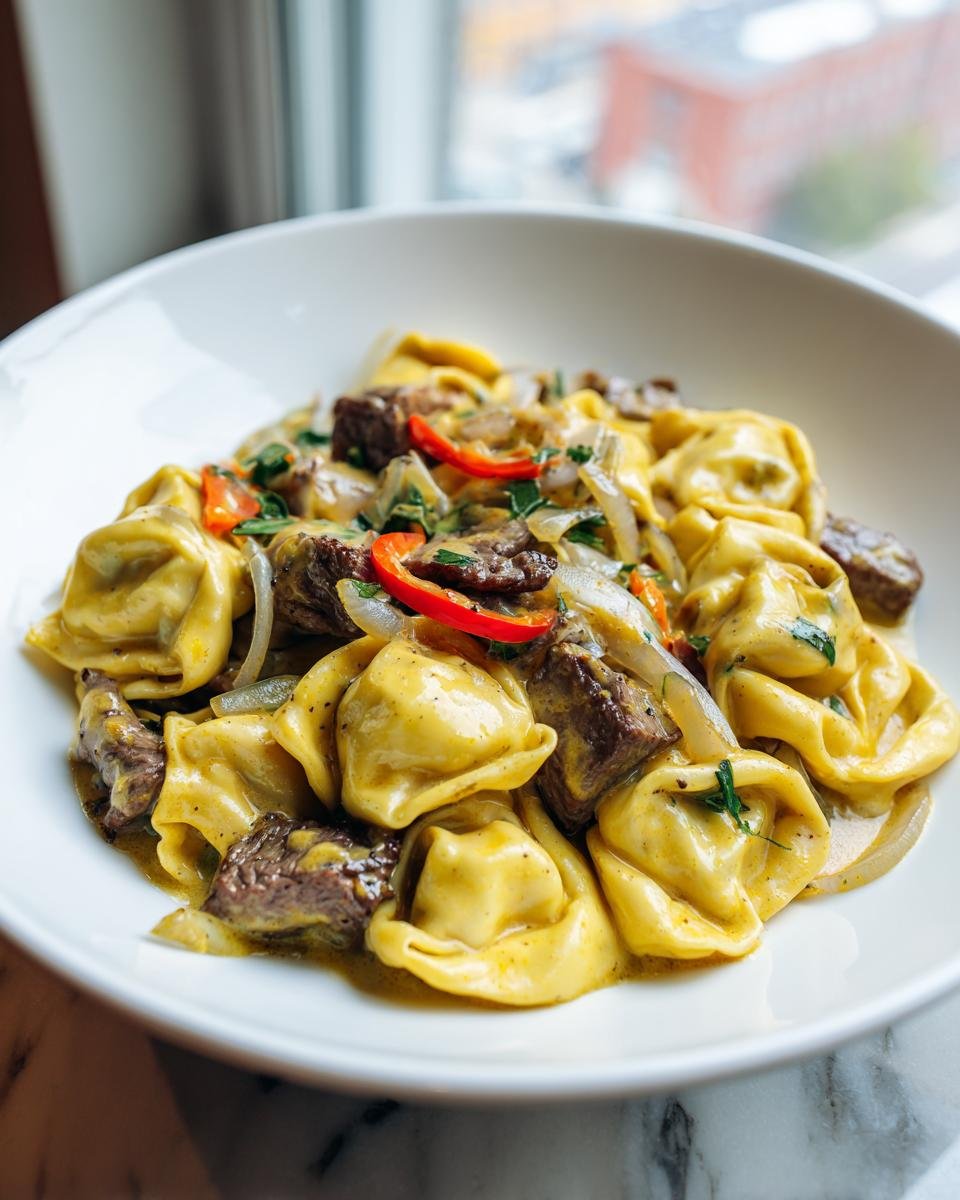 A close-up of Cheesesteak Tortellini Provolone Sauce featuring beef, onions, and red peppers in a white bowl.
