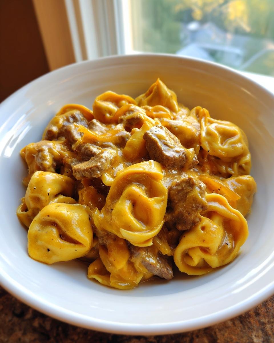 A close-up of tortellini pasta covered in a rich, cheesy sauce with pieces of steak, ready to eat, part of the Cheesesteak Tortellini Provolone Sauce recipe.