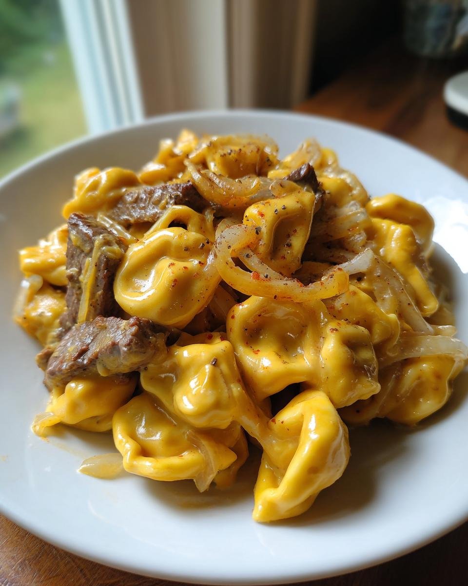 Close-up of cheesy Cheesesteak Tortellini Provolone Sauce mixed with steak and saut&eacute;ed onions.