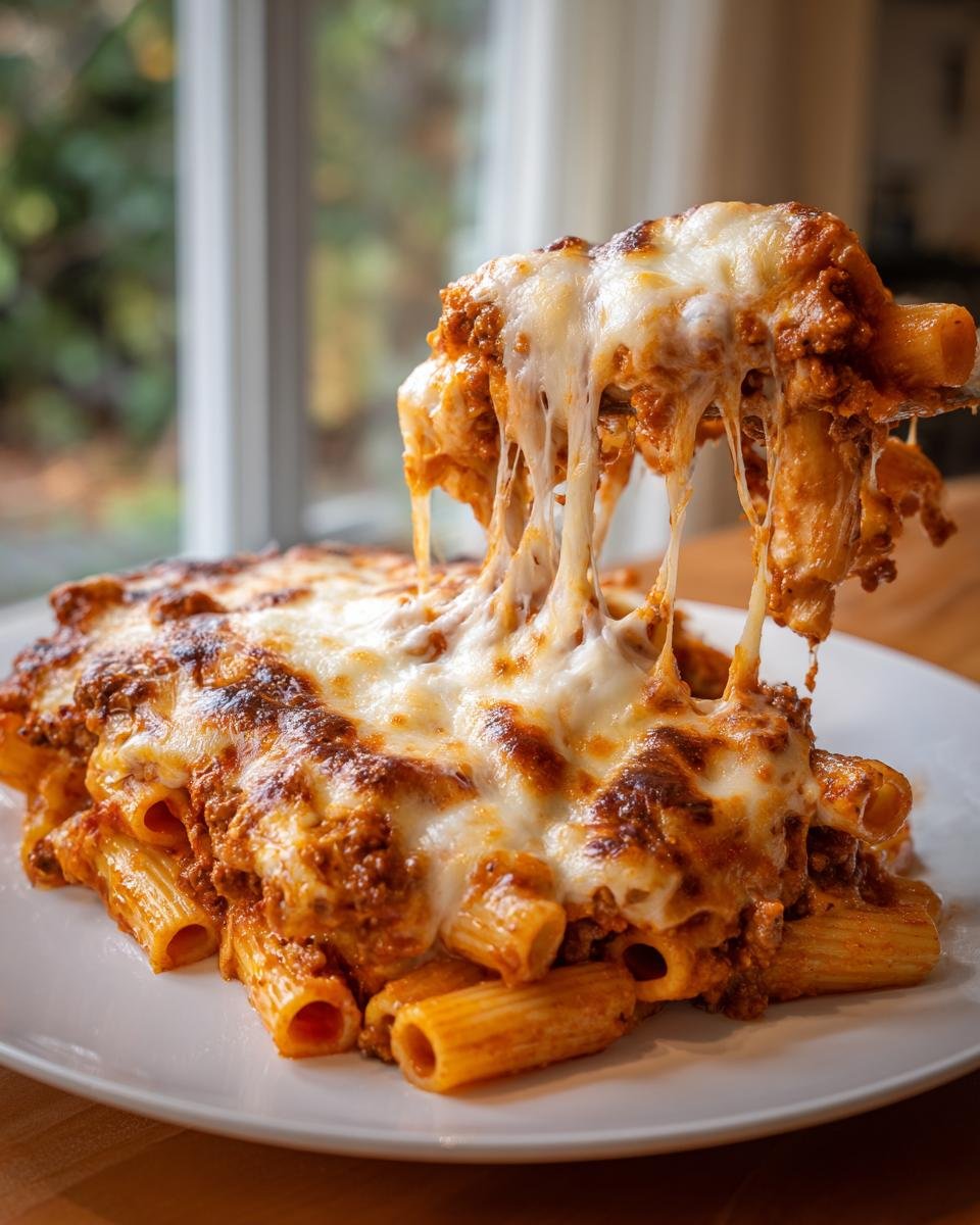 A serving of Cheesy Beef Rigatoni Bake being lifted, showing a dramatic, long cheese pull from the melted mozzarella topping.