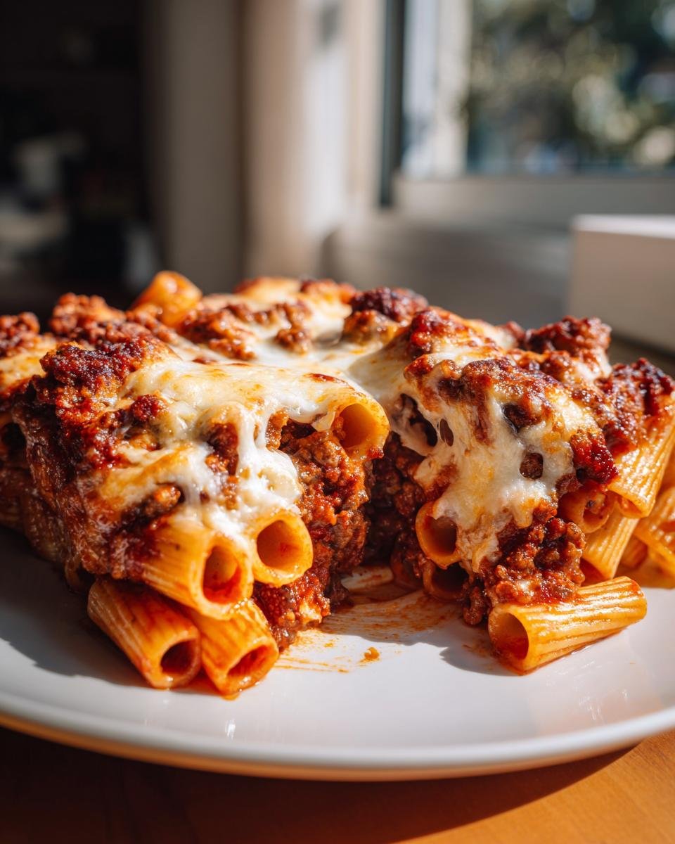Close-up of a serving of Cheesy Beef Rigatoni Bake, showing rigatoni tubes filled with meat sauce and topped with melted, gooey cheese.