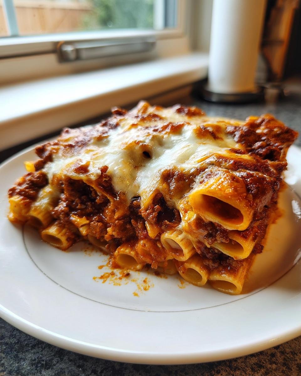 A close-up serving of Cheesy Beef Rigatoni Bake topped with bubbling, melted mozzarella cheese.