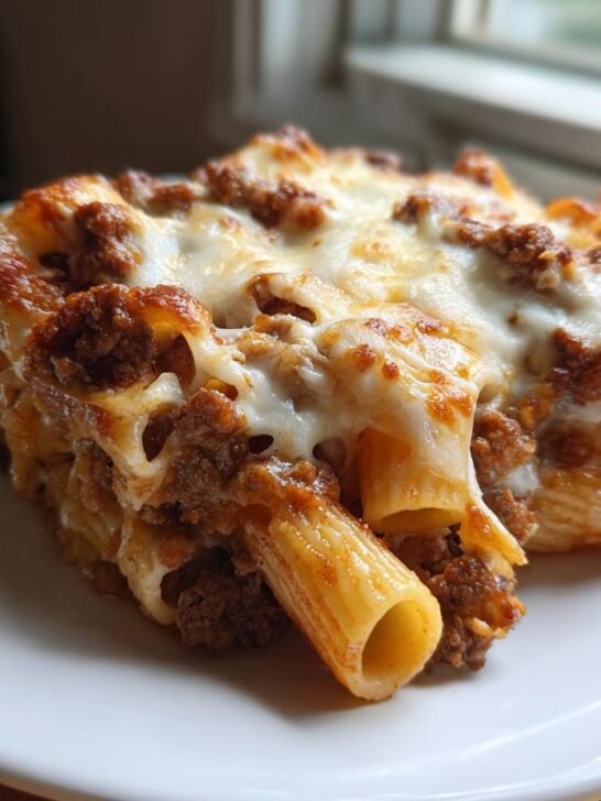 A close-up serving of Cheesy Beef Rigatoni Bake showing melted mozzarella cheese over rigatoni pasta and meat sauce.
