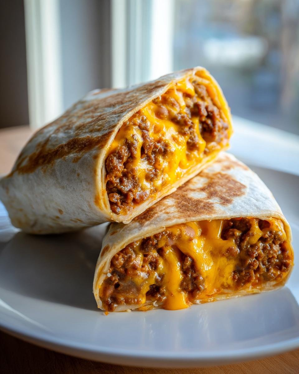 A cross-section of an Irresistibly Cheesy Beefy Melt Burrito showing seasoned ground beef and melted orange cheese.