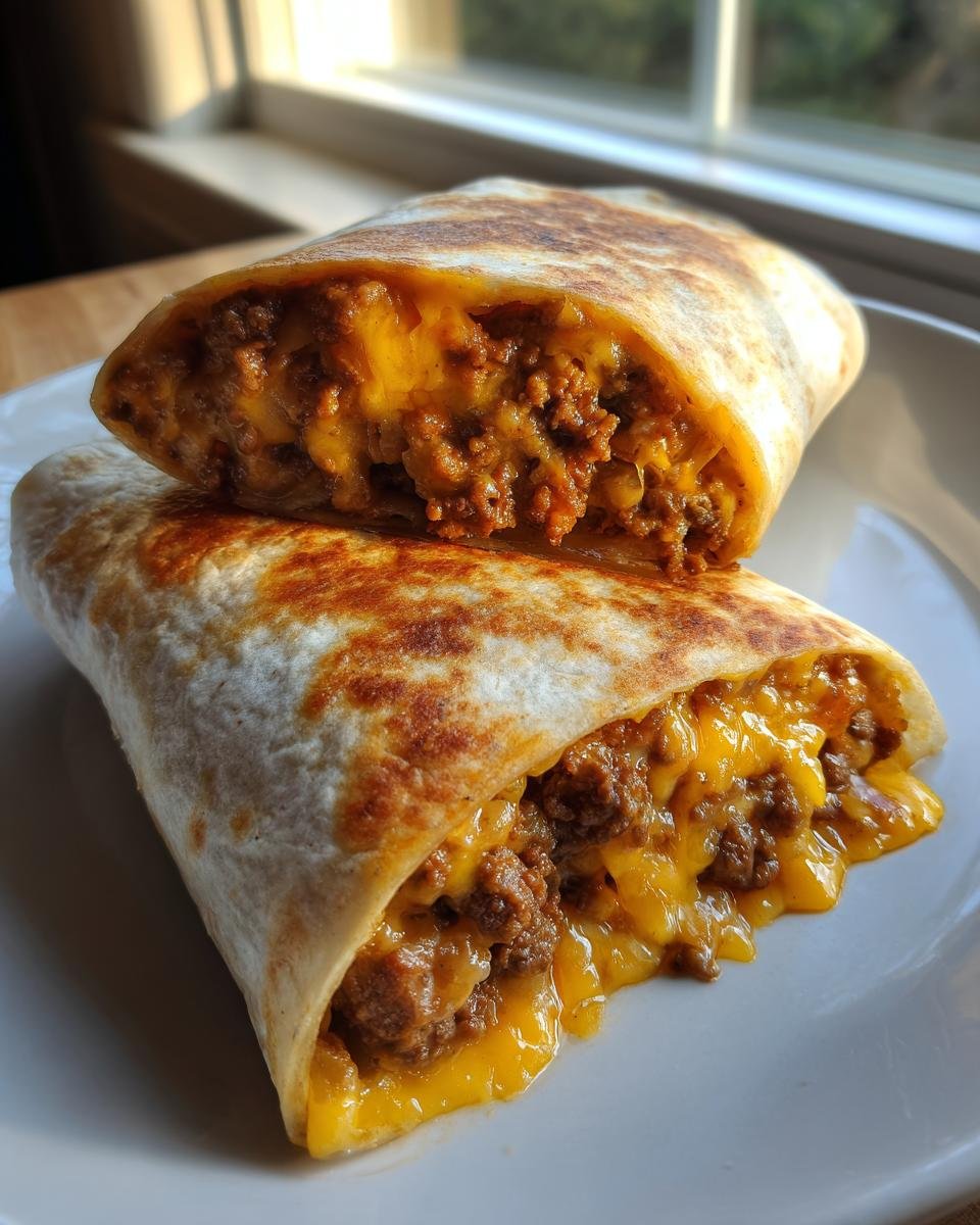 Close-up of an Irresistibly Cheesy Beefy Melt Burrito cut in half, showing melted cheese and seasoned ground beef filling.