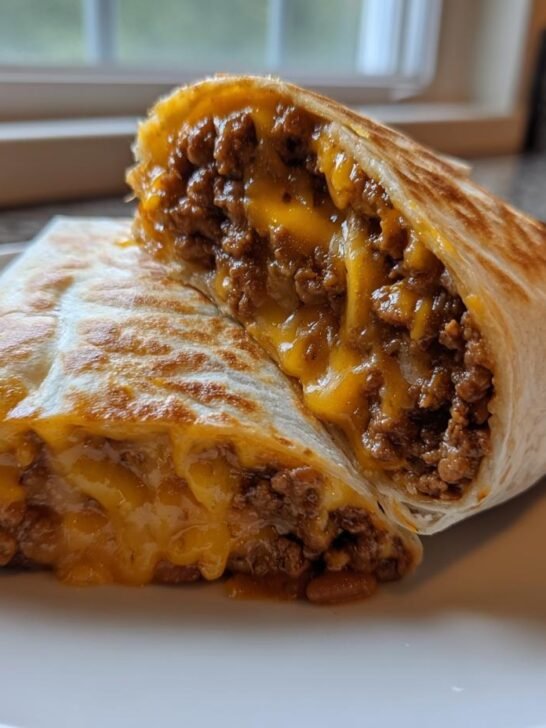 Close-up of an Irresistibly Cheesy Beefy Melt Burrito cut in half, showing melted cheese and seasoned ground beef filling.