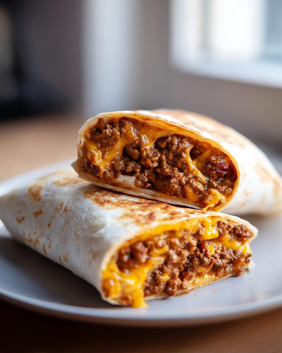 Close-up of an Irresistibly Cheesy Beefy Melt Burrito cut in half, showing seasoned ground beef and melted cheddar cheese.