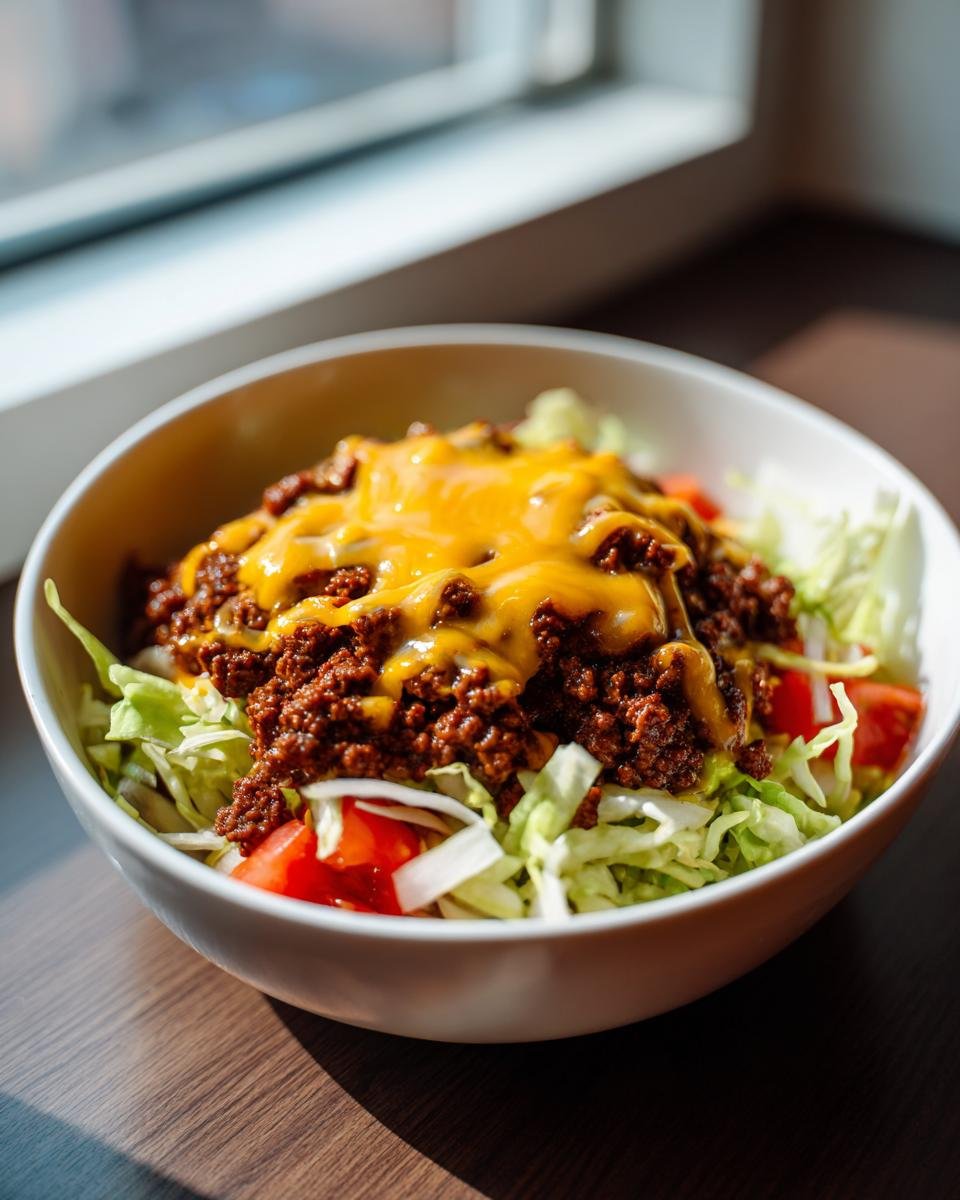 A white bowl filled with Burger Bowls ingredients: seasoned ground beef topped with melted cheddar cheese, served over shredded lettuce and diced tomatoes.