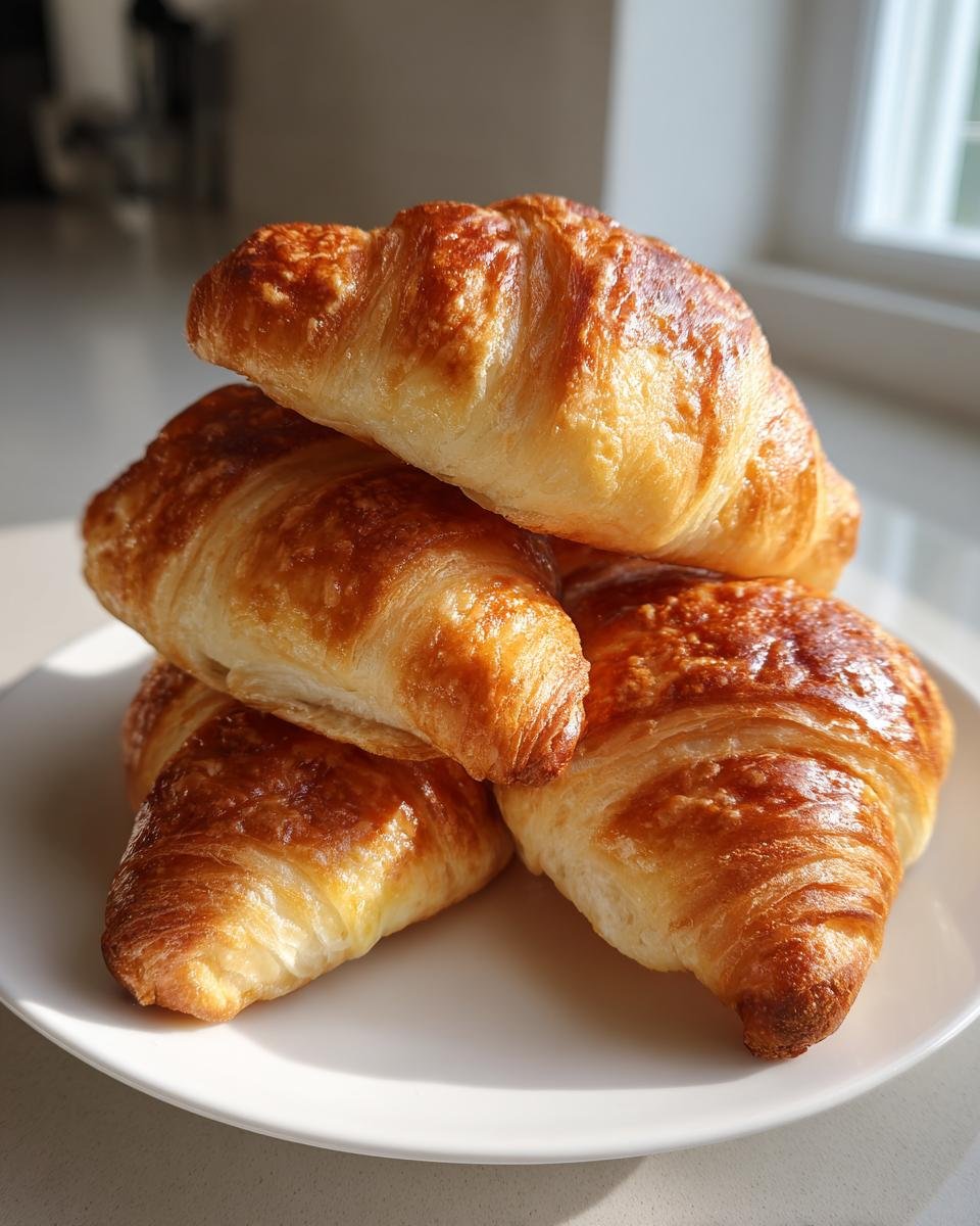 Stack of four golden brown, freshly baked crescent rolls ready for the Cheesy Chicken Crescent Rolls filling.