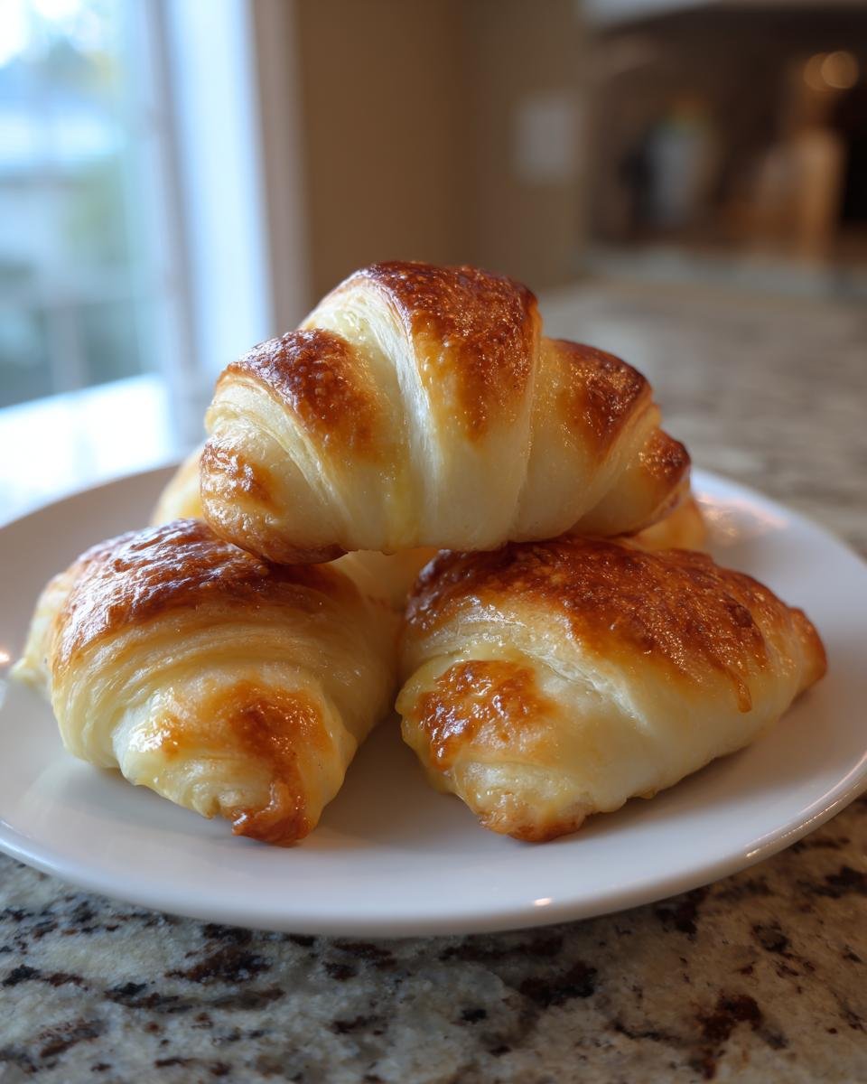 A stack of golden-brown Cheesy Chicken Crescent Rolls with melted cheese visible on a white plate.