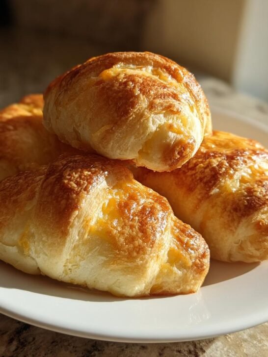 Four golden-brown Cheesy Chicken Crescent Rolls stacked on a white plate, showing melted cheese topping.