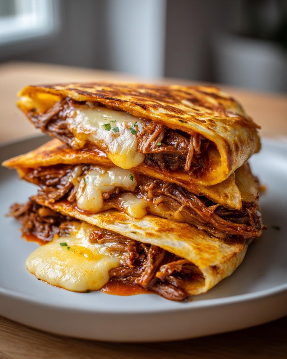 A stack of three cheesy quesabirria, featuring shredded beef and melted cheese, representing Fave Birria Tacos.
