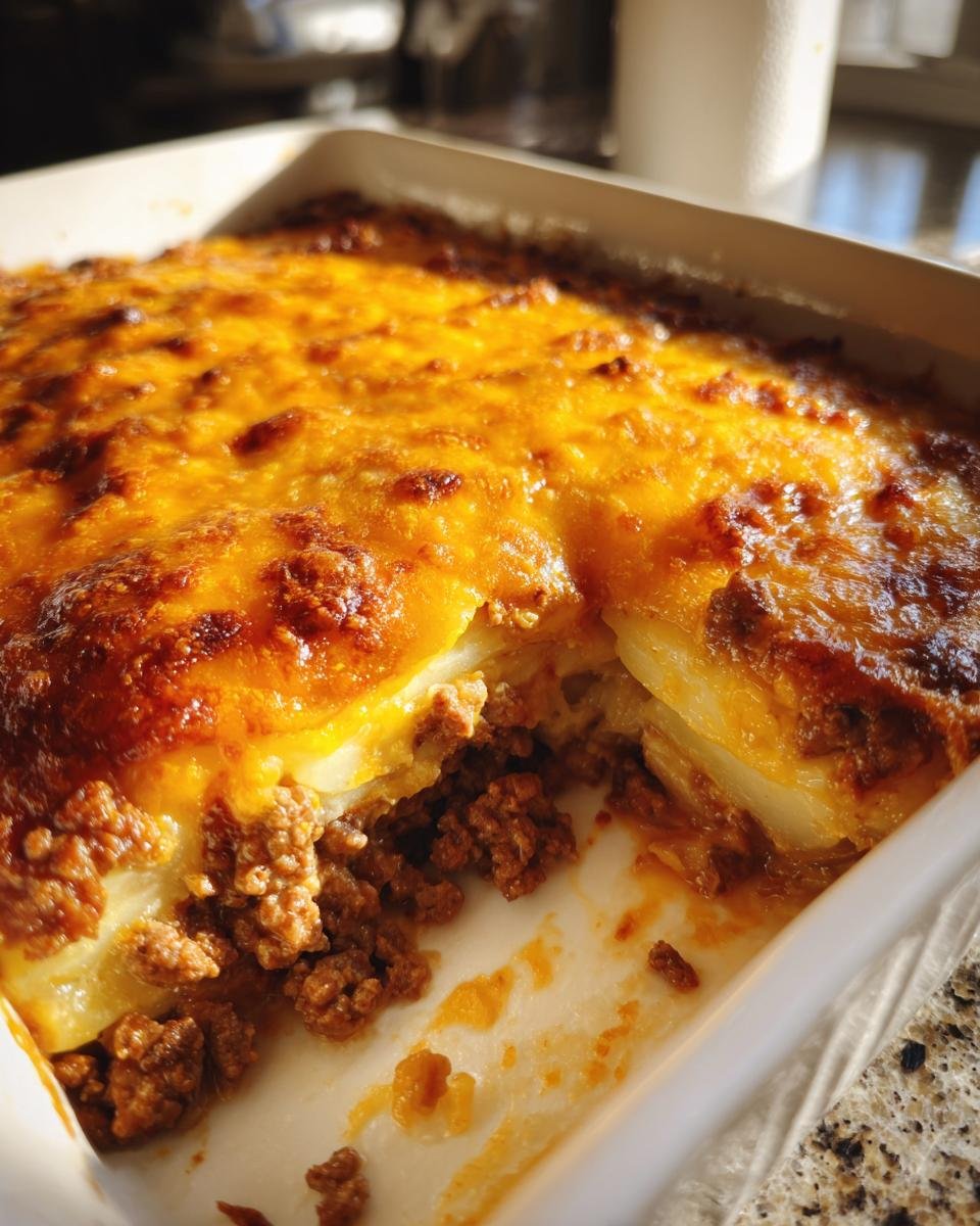 Close-up of a baked Cheesy Ground Beef Potatoes casserole with a golden, bubbly cheese topping and layers of meat and potatoes.