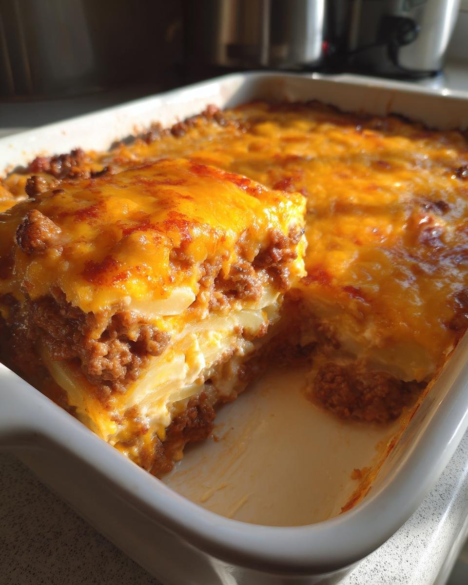 A serving being lifted from a white baking dish of Cheesy Ground Beef Potatoes casserole, showing layers of meat, potatoes, and melted cheese.