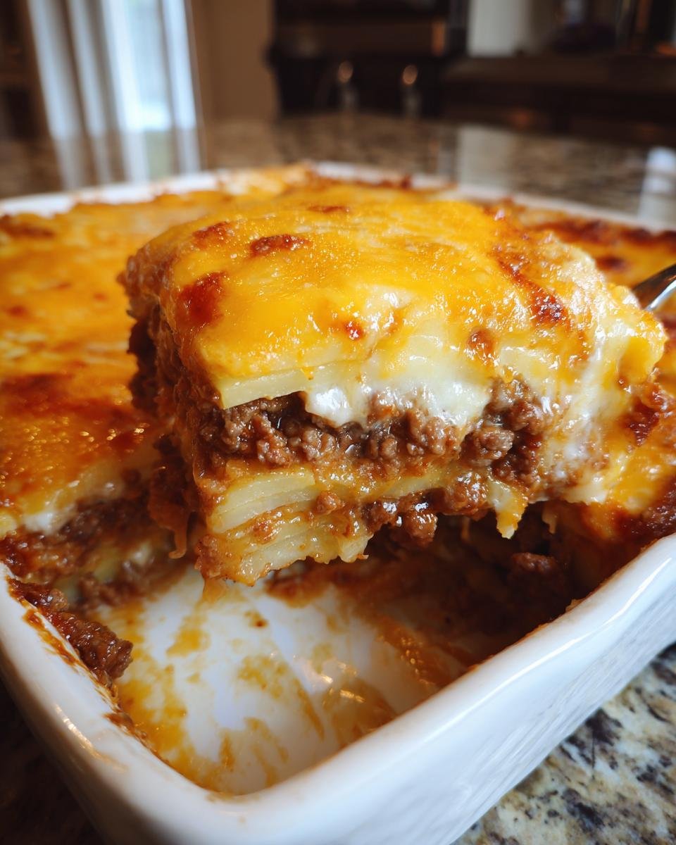 A spoonful of layered Cheesy Ground Beef Potatoes casserole being lifted from a white baking dish, showing melted cheese.