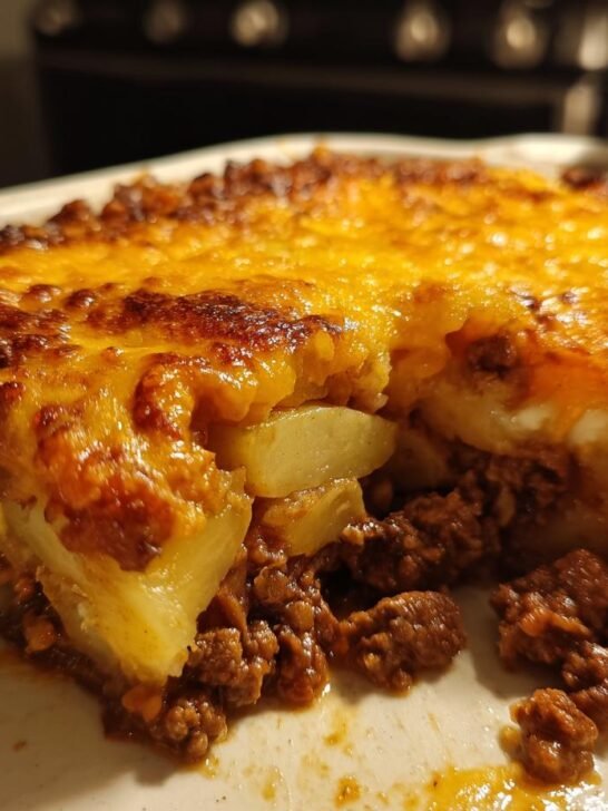 Close-up of a serving dish showing a portion of Cheesy Ground Beef Potatoes, featuring a thick layer of browned cheese over potatoes and seasoned ground beef.
