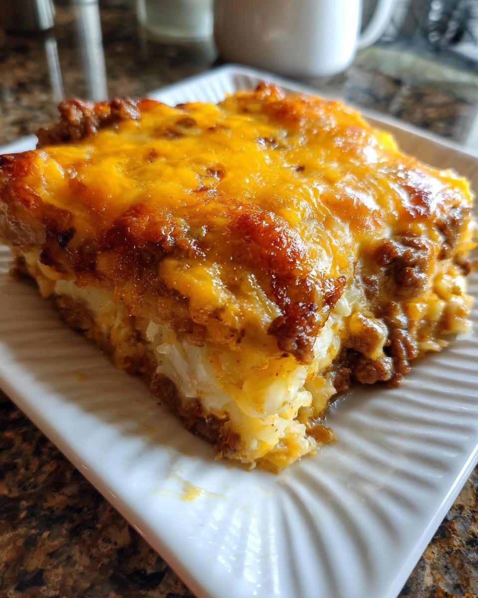 A close-up of a square serving of Cheesy Ground Beef Potatoes casserole with melted, browned cheddar cheese on top.