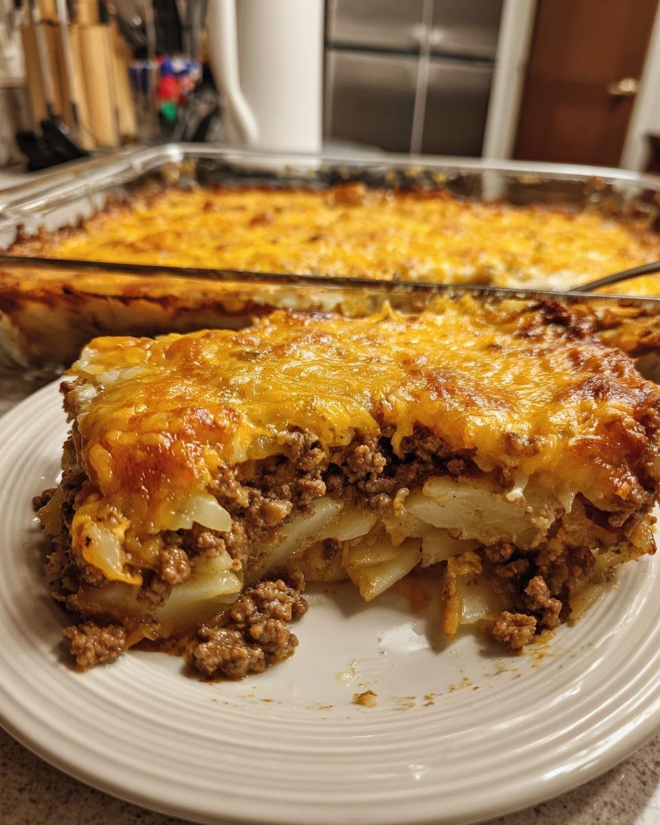 A close-up serving of Cheesy Ground Beef Potatoes layered with ground meat and topped with melted cheddar cheese.