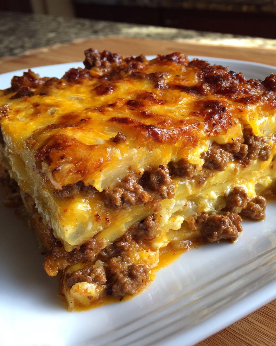Close-up of a layered slice of Cheesy Ground Beef Potatoes with melted, browned cheese on top.