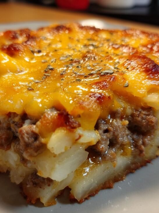 Close-up of a hearty slice of Cheesy Ground Beef Potatoes featuring layers of potato, ground beef, and a bubbly, melted cheddar cheese topping.