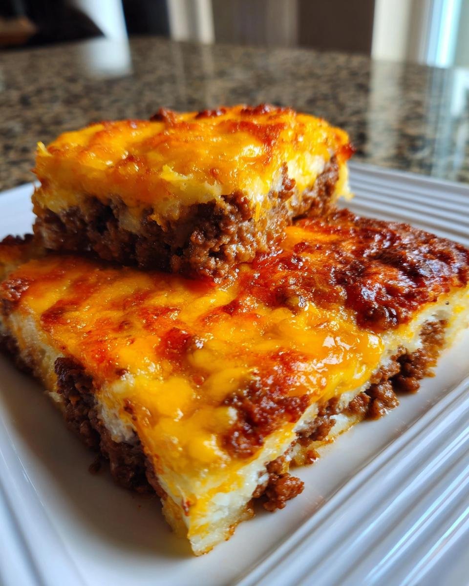Two stacked slices of Cheesy Ground Beef Potatoes casserole with a thick layer of melted, browned cheddar cheese on top.