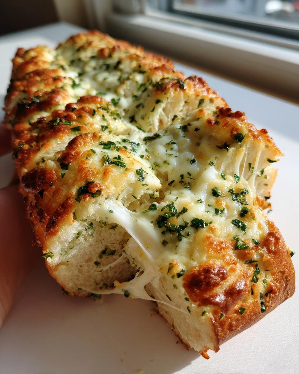 Close-up of Cheesy Herbed Garlic Bread being pulled apart, showing melted, stretchy cheese and green herbs.