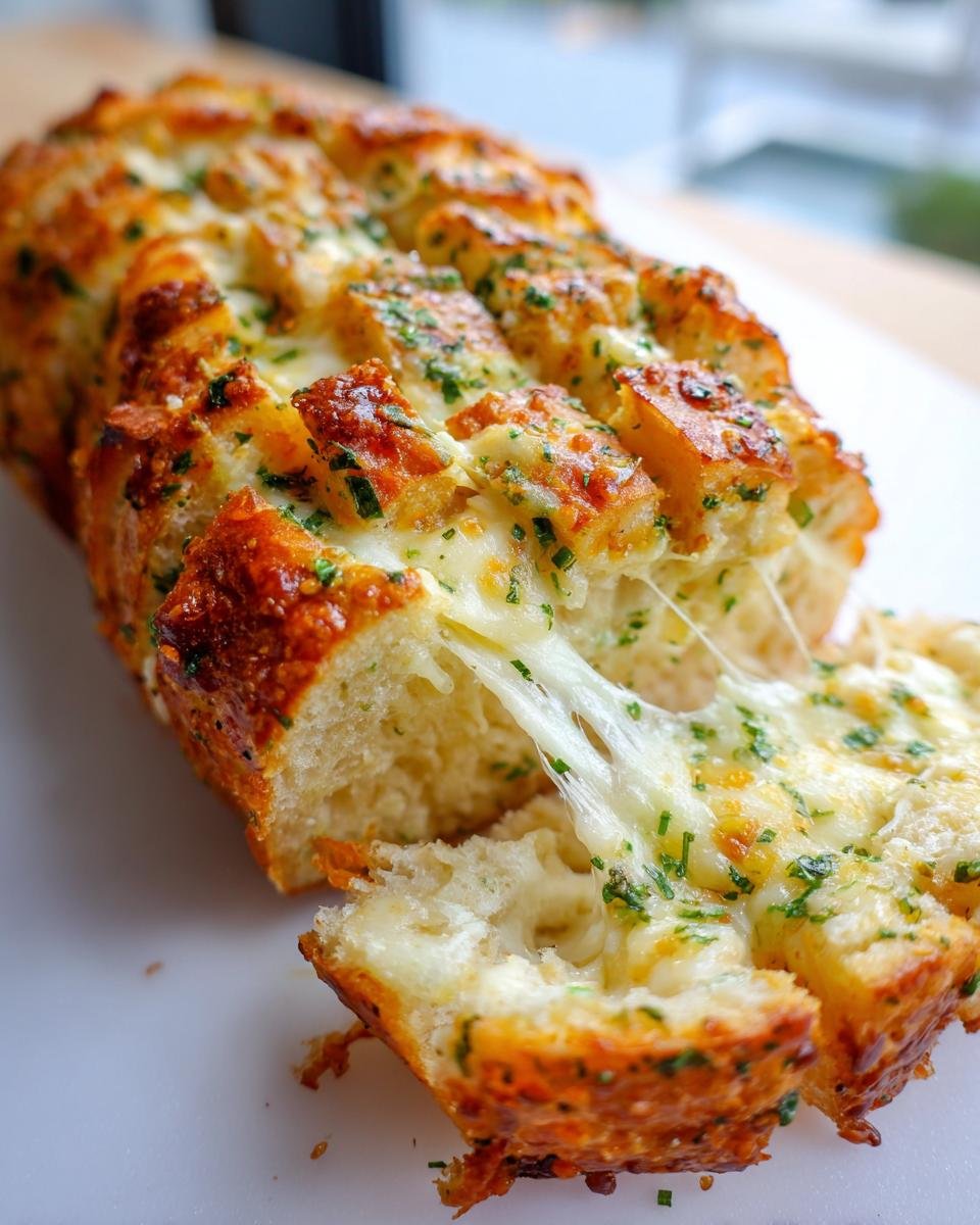 Close-up of Cheesy Herbed Garlic Bread being pulled apart, showing melted cheese stretching.