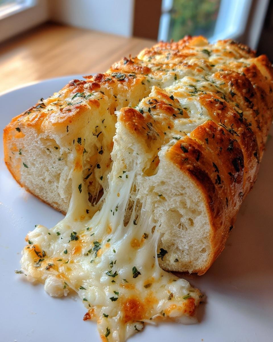 Close-up of Cheesy Herbed Garlic Bread, sliced and showing a dramatic, gooey cheese pull.