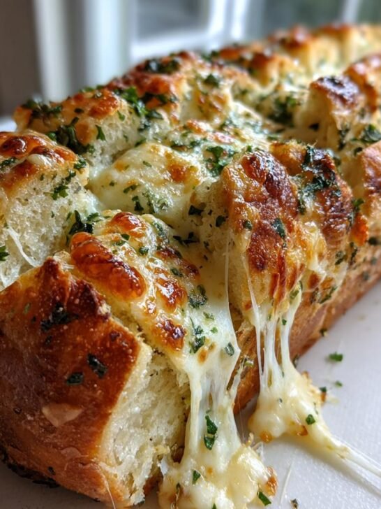 Close-up of Cheesy Herbed Garlic Bread with melted cheese stretching out from the cuts.