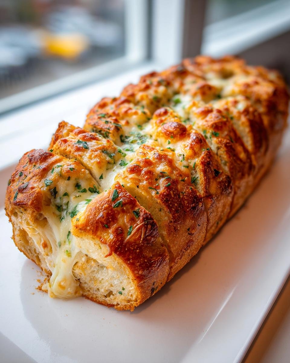 A loaf of freshly baked Cheesy Herbed Garlic Bread, sliced and oozing melted cheese and green herbs.