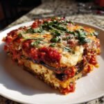 A generous slice of Cheesy Vegetarian Eggplant Bake layered with eggplant, sauce, and cheese, topped with fresh basil.