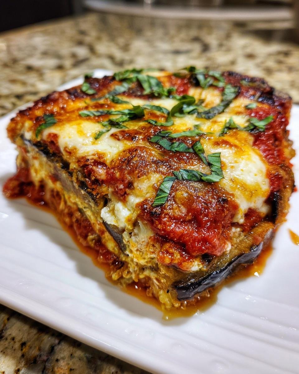 A close-up of a hearty slice of Cheesy Vegetarian Eggplant Bake topped with melted cheese and fresh basil.