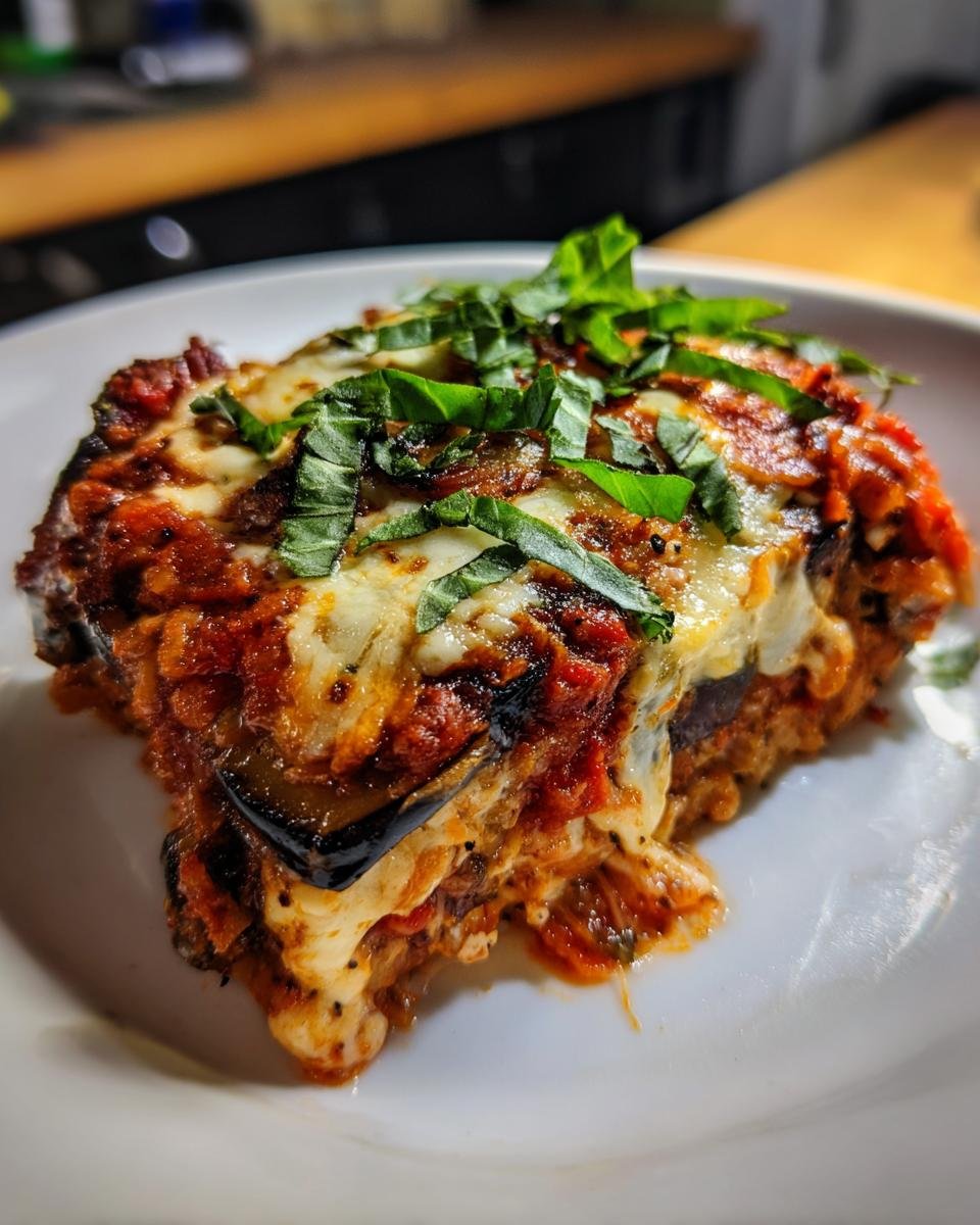 A close-up of a serving of Cheesy Vegetarian Eggplant Bake topped with melted mozzarella and fresh basil.