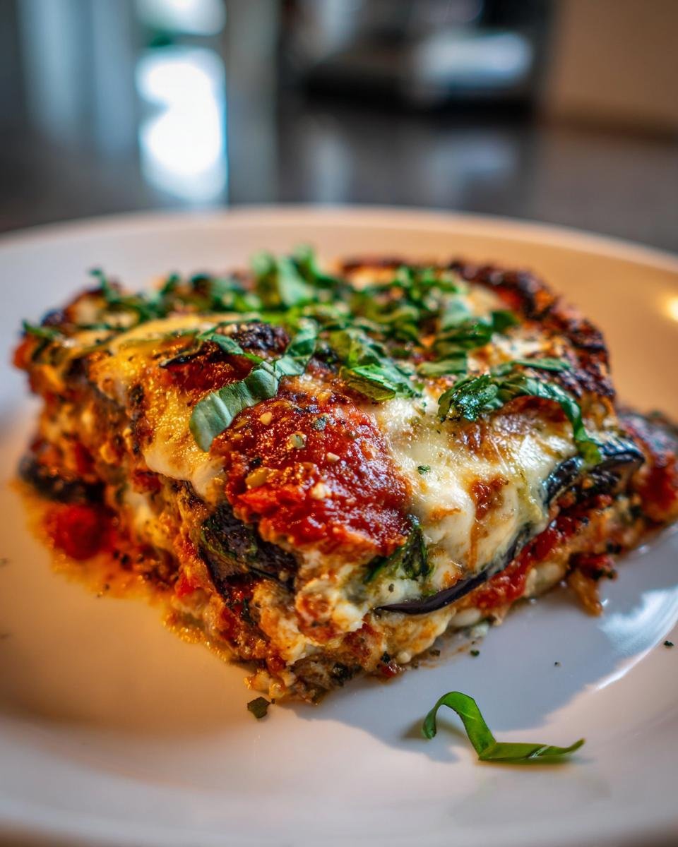 A close-up, mouth-watering slice of Cheesy Vegetarian Eggplant Bake topped with melted mozzarella and fresh basil.
