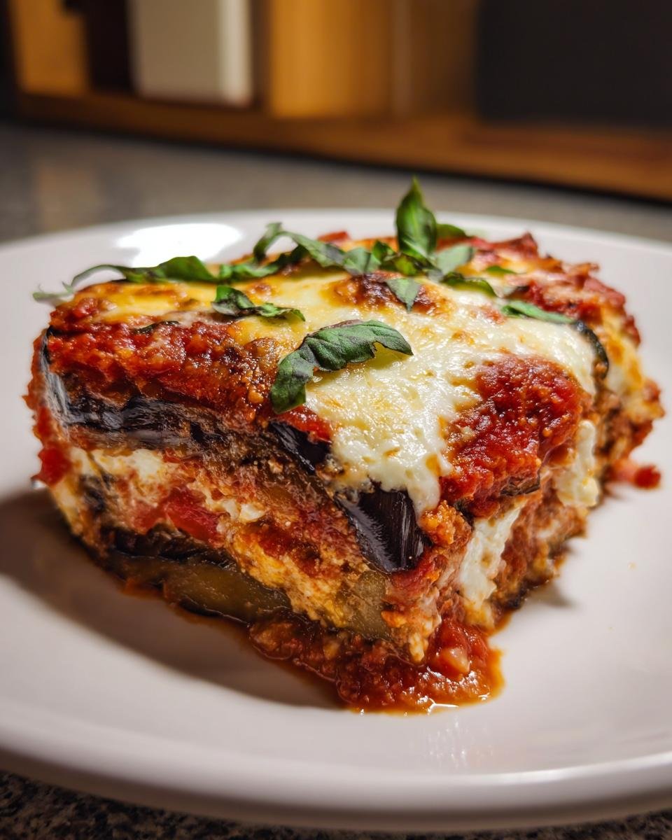 A close-up of a generous slice of Cheesy Vegetarian Eggplant Bake, layered with eggplant, cheese, and tomato sauce, topped with fresh basil.