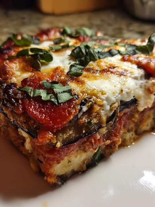Close-up of a square slice of Cheesy Vegetarian Eggplant Bake topped with melted cheese and fresh basil.
