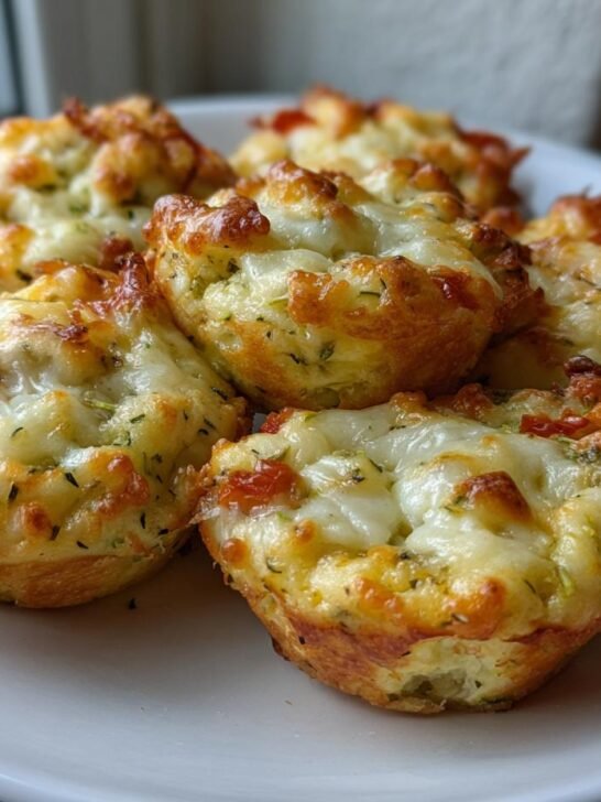 Close-up of several golden brown Cheesy Zucchini Tomato Bites topped with melted, bubbly cheese.