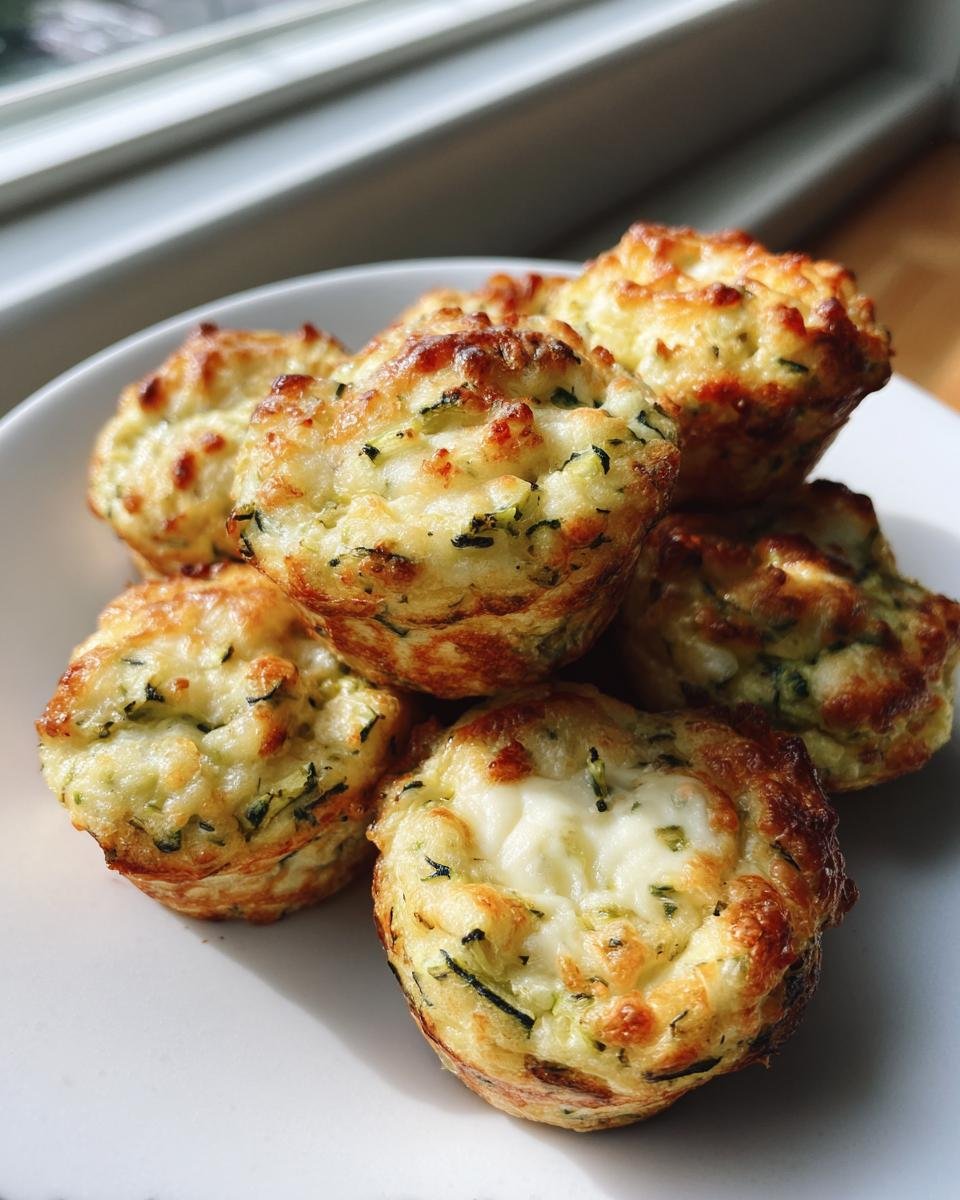 A pile of golden-brown Cheesy Zucchini Tomato Bites with melted cheese topping on a white plate.