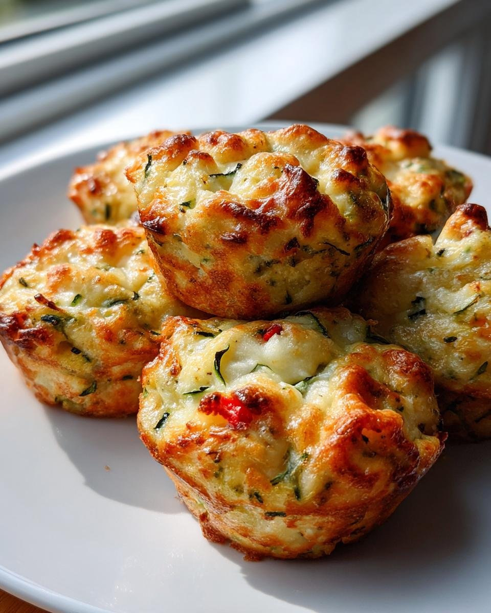 A stack of freshly baked Cheesy Zucchini Tomato Bites with golden, melted cheese tops.