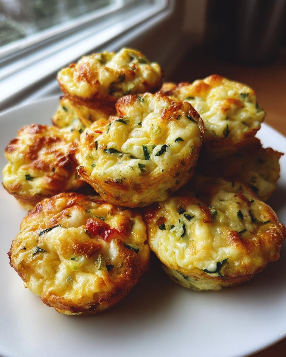 A close-up photo of several golden-brown Cheesy Zucchini Tomato Bites stacked on a white plate.