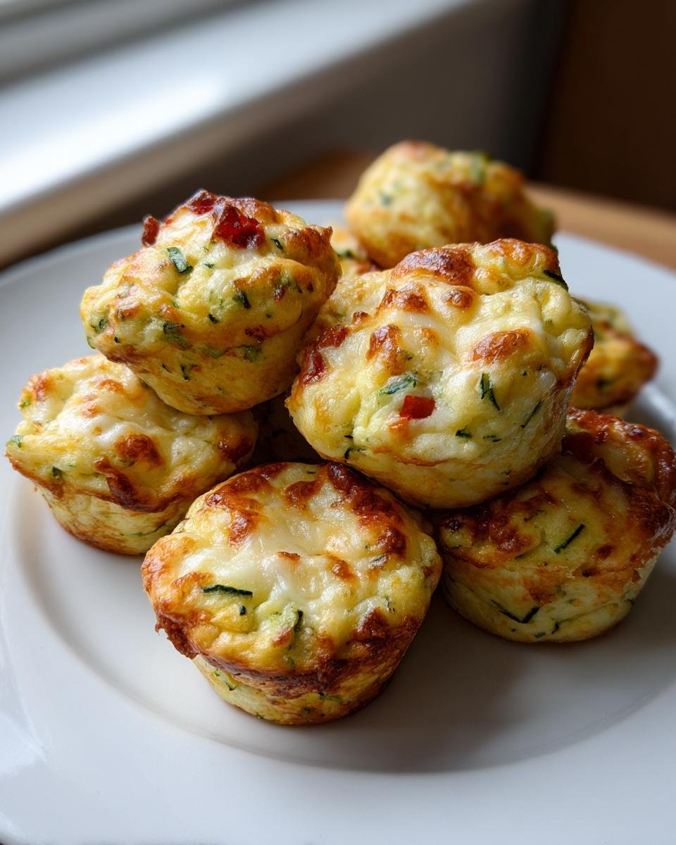 A stack of freshly baked Cheesy Zucchini Tomato Bites with melted, browned cheese on top.